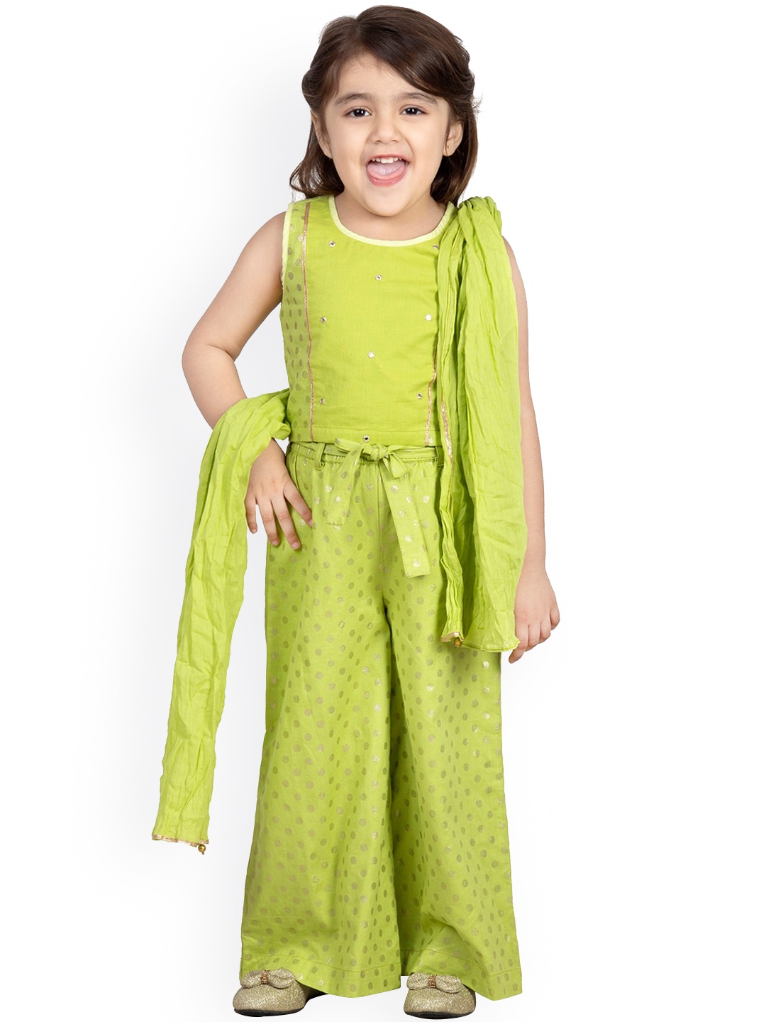 

Mini Chic Girls Green Regular Pure Cotton Top With Palazzos & Dupatta