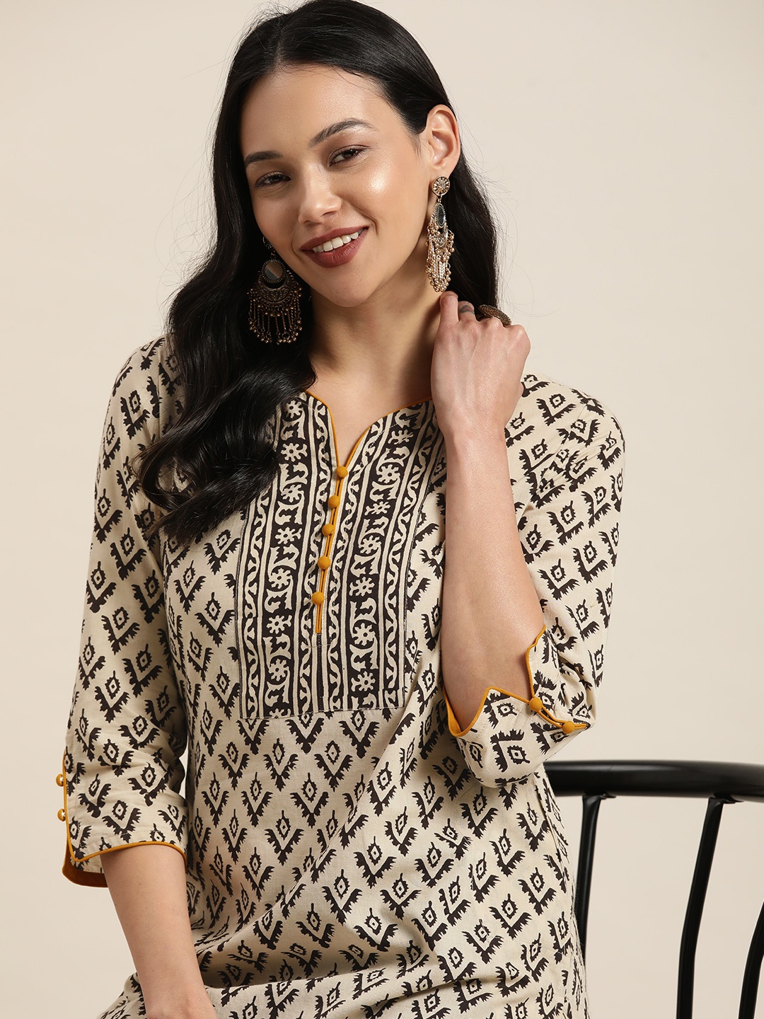 

Taavi Women Beige & Black Bagru Hand Block Print Pure Cotton Sustainable Kurta