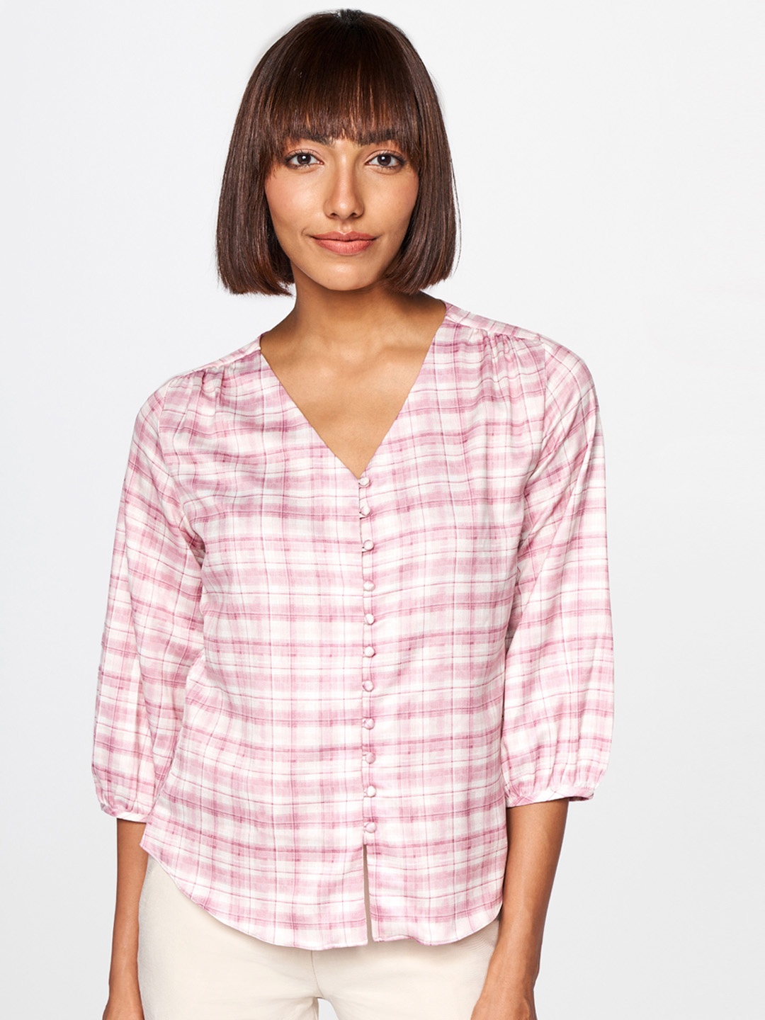 

AND Women Pink & White Checked V Neck Shirt Style Top