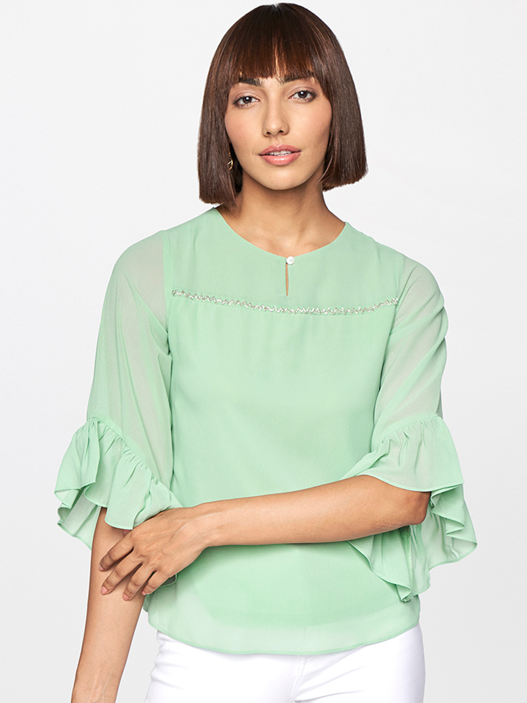 

AND Sage Green Solid Flared Sleeved Empire Casual Top