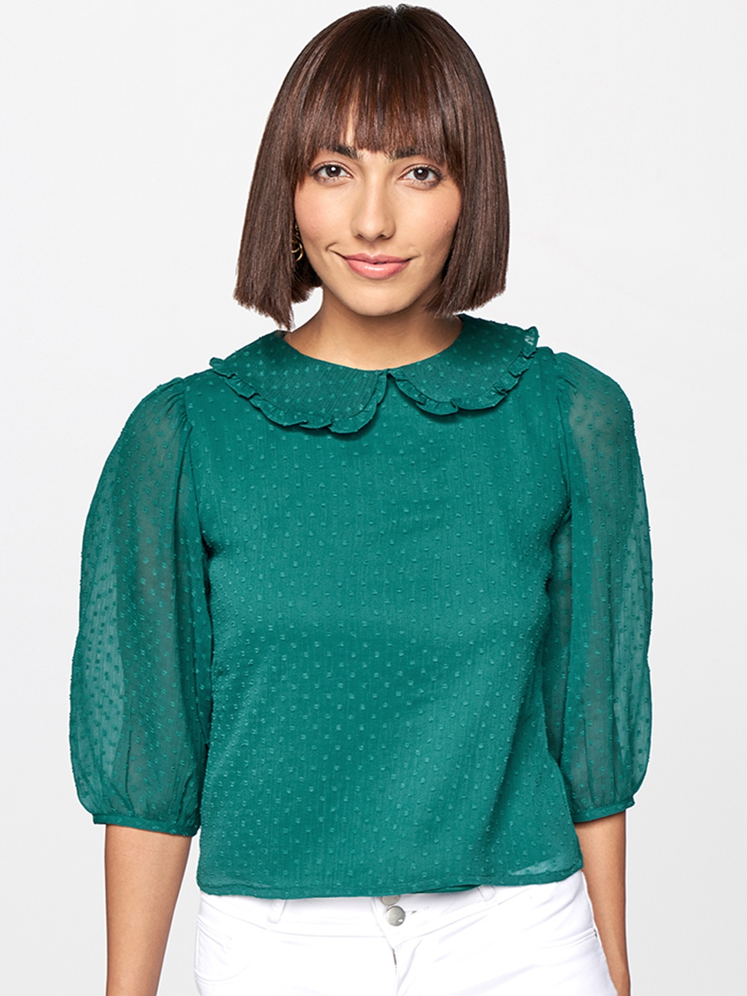 

AND Green Peter Polka Dot Printed Pan Collar Casual Top