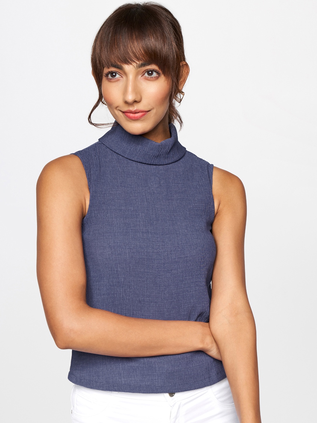 

AND Women Blue Solid High Neck Sleeveless Regular Top