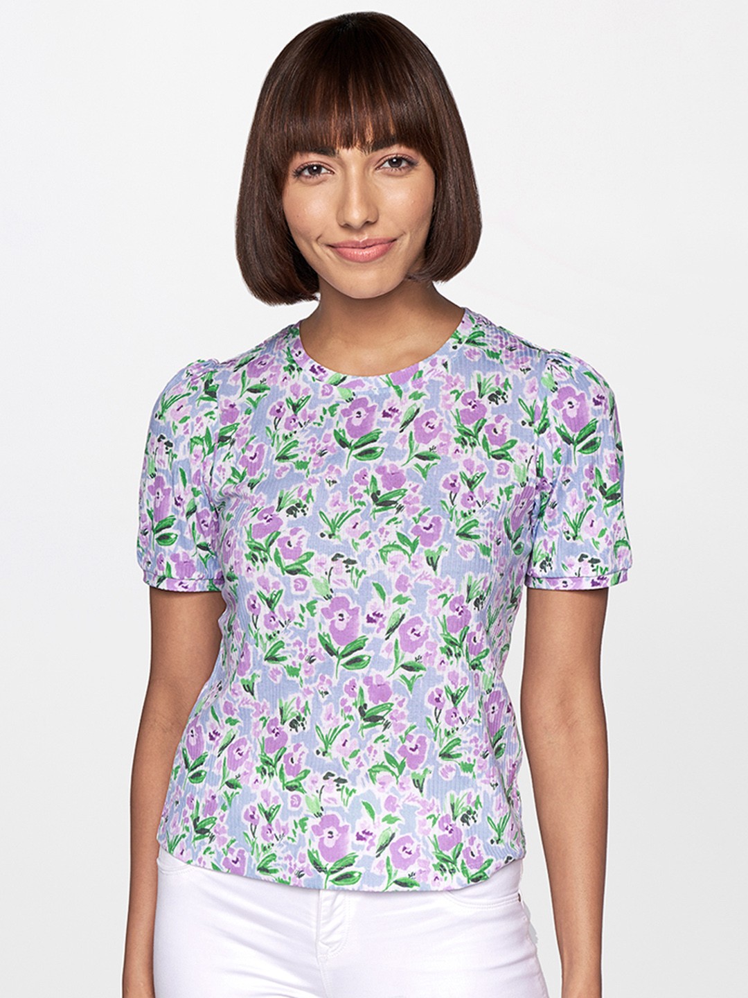 

AND Lavender & Green Floral Printed Puff Sleeve Top