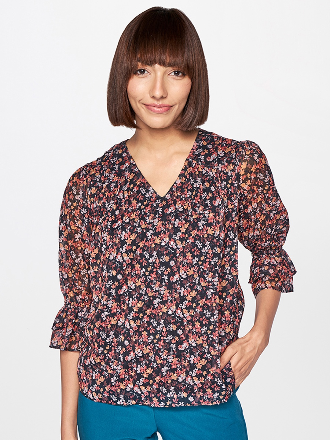 

AND Multi Floral Printed Puff Sleeved Regular Top, Brown