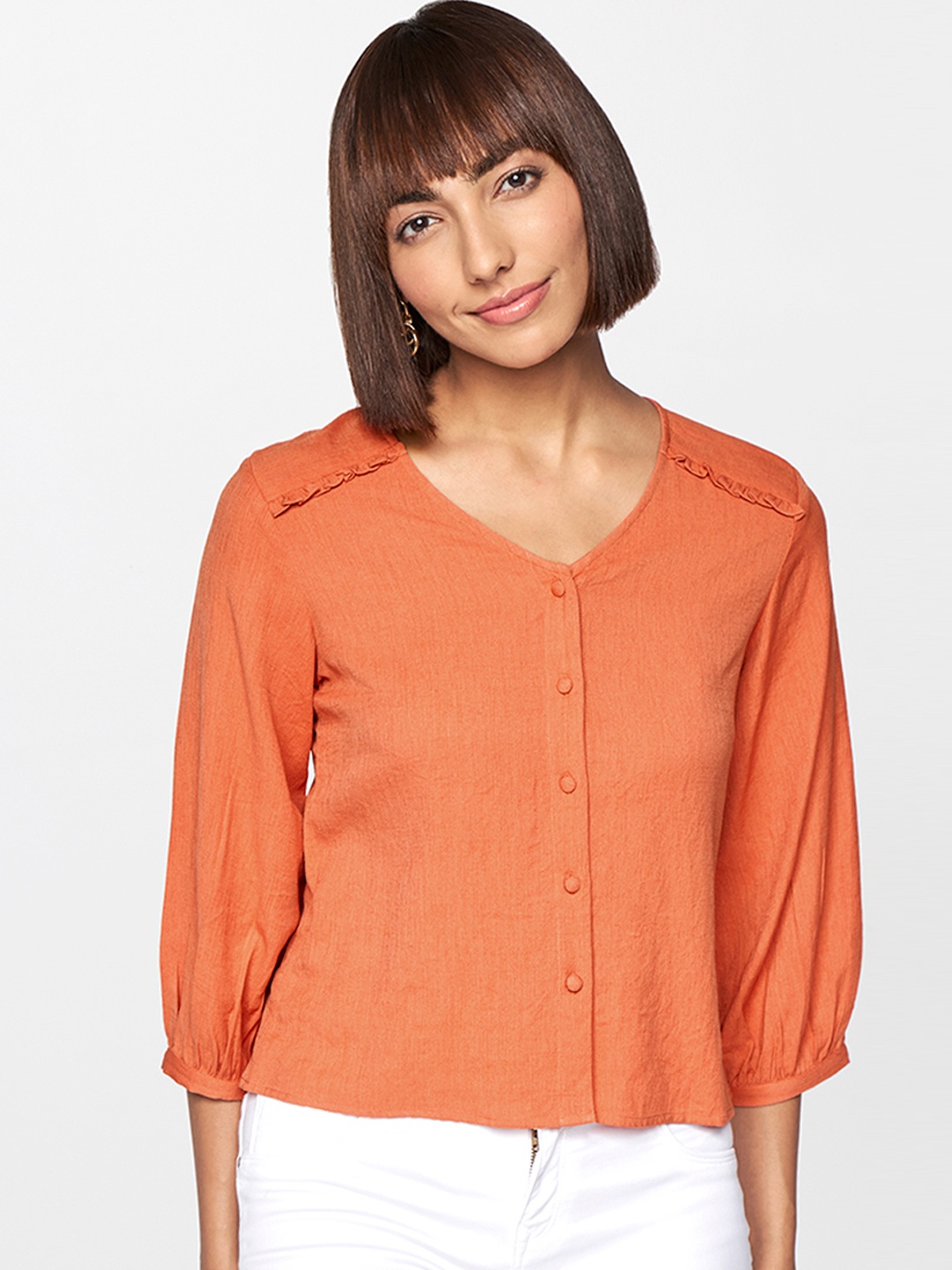 

AND Women Orange Solid V Neck Shirt Style Top