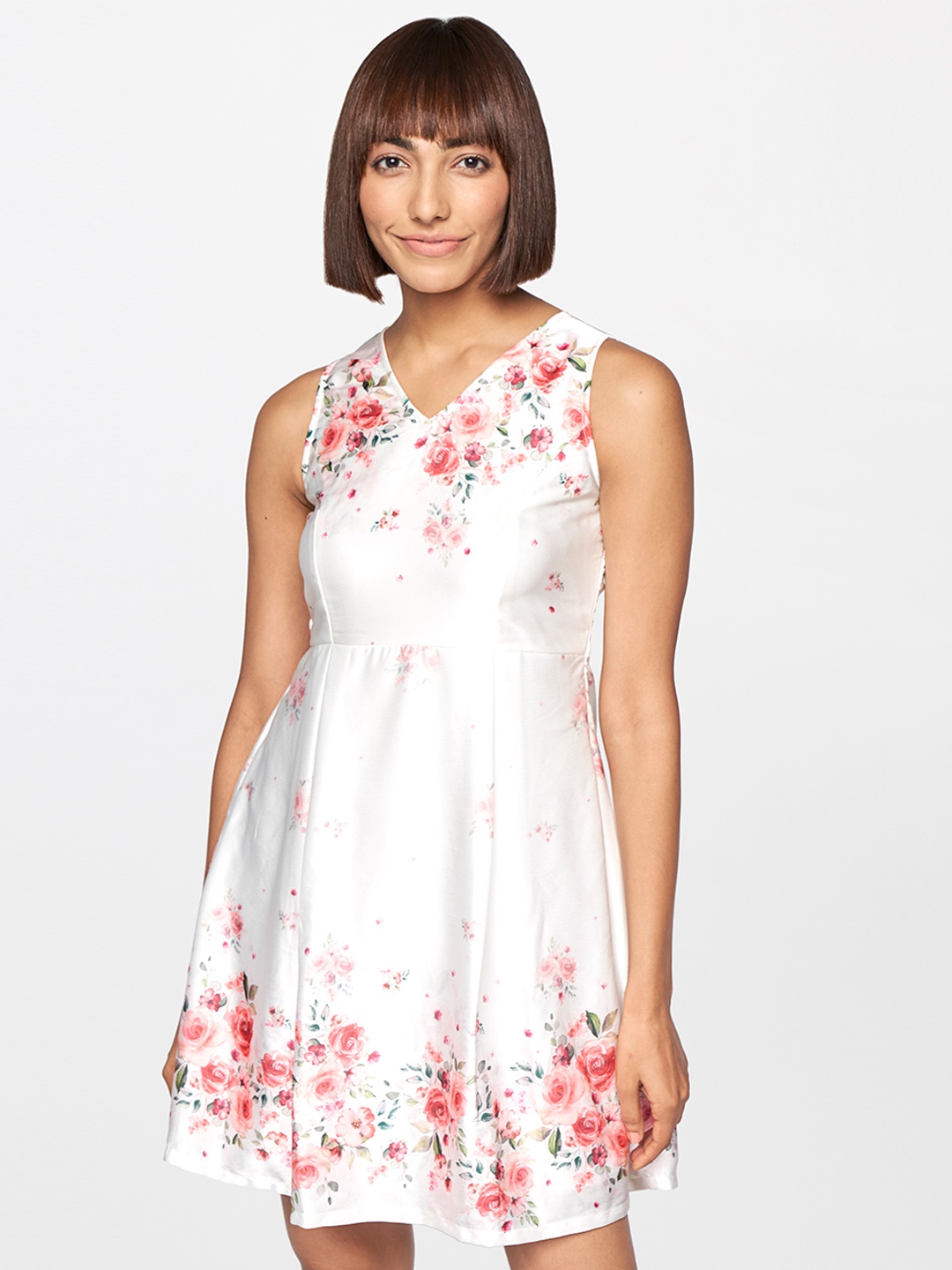 

AND Women White & Red Floral Printed V-Neck Fit And Flare Dress