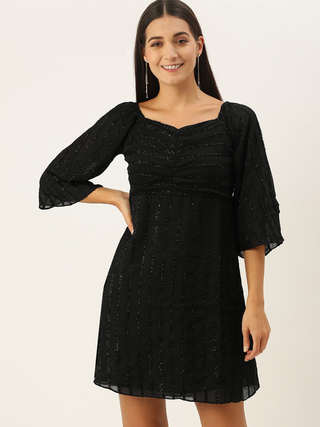 

AND Women Black Striped Sweetheart Neck A-Line Dress