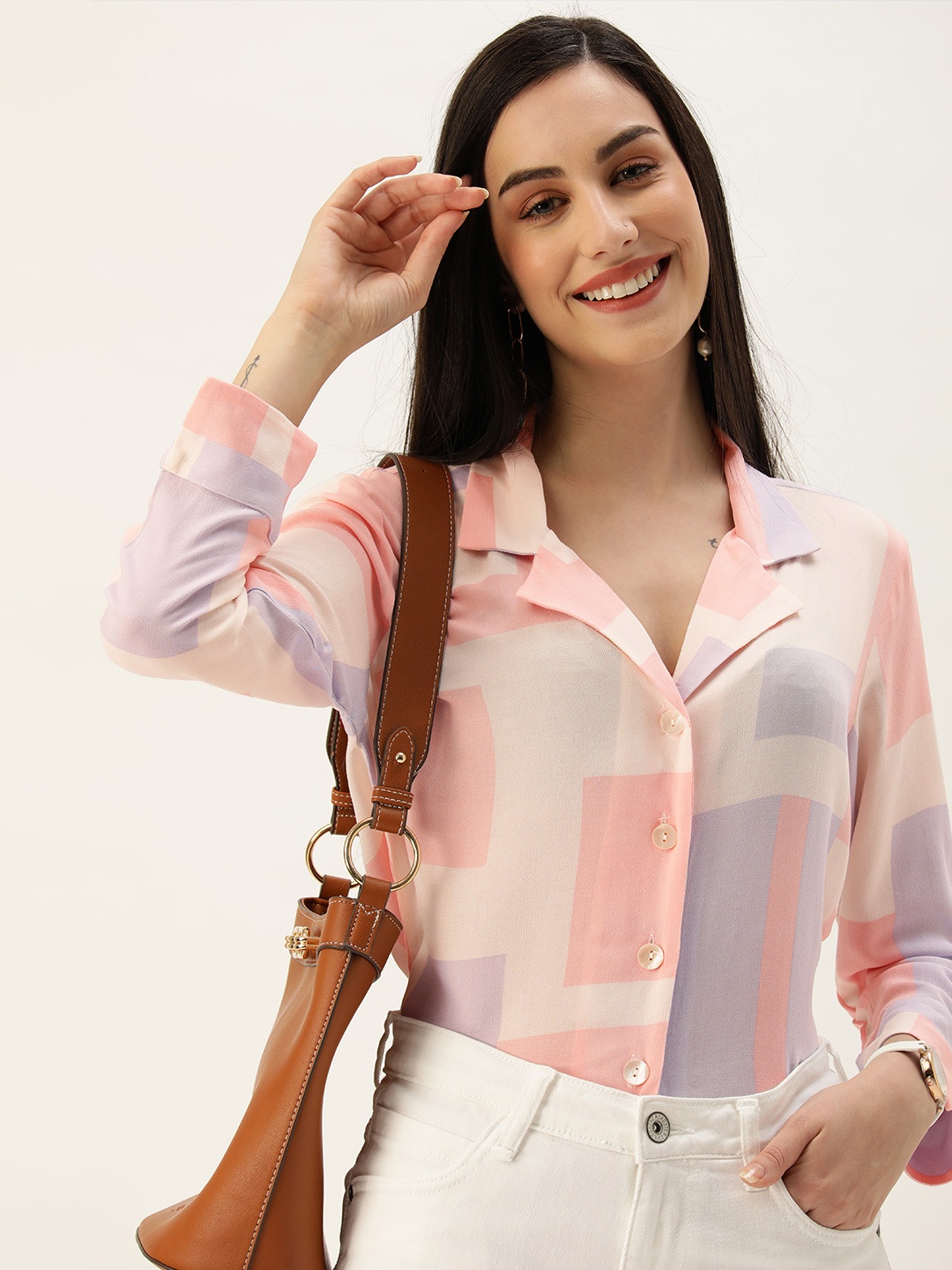 

AND Women Peach & Blue Geometric Printed Shirt Style Top