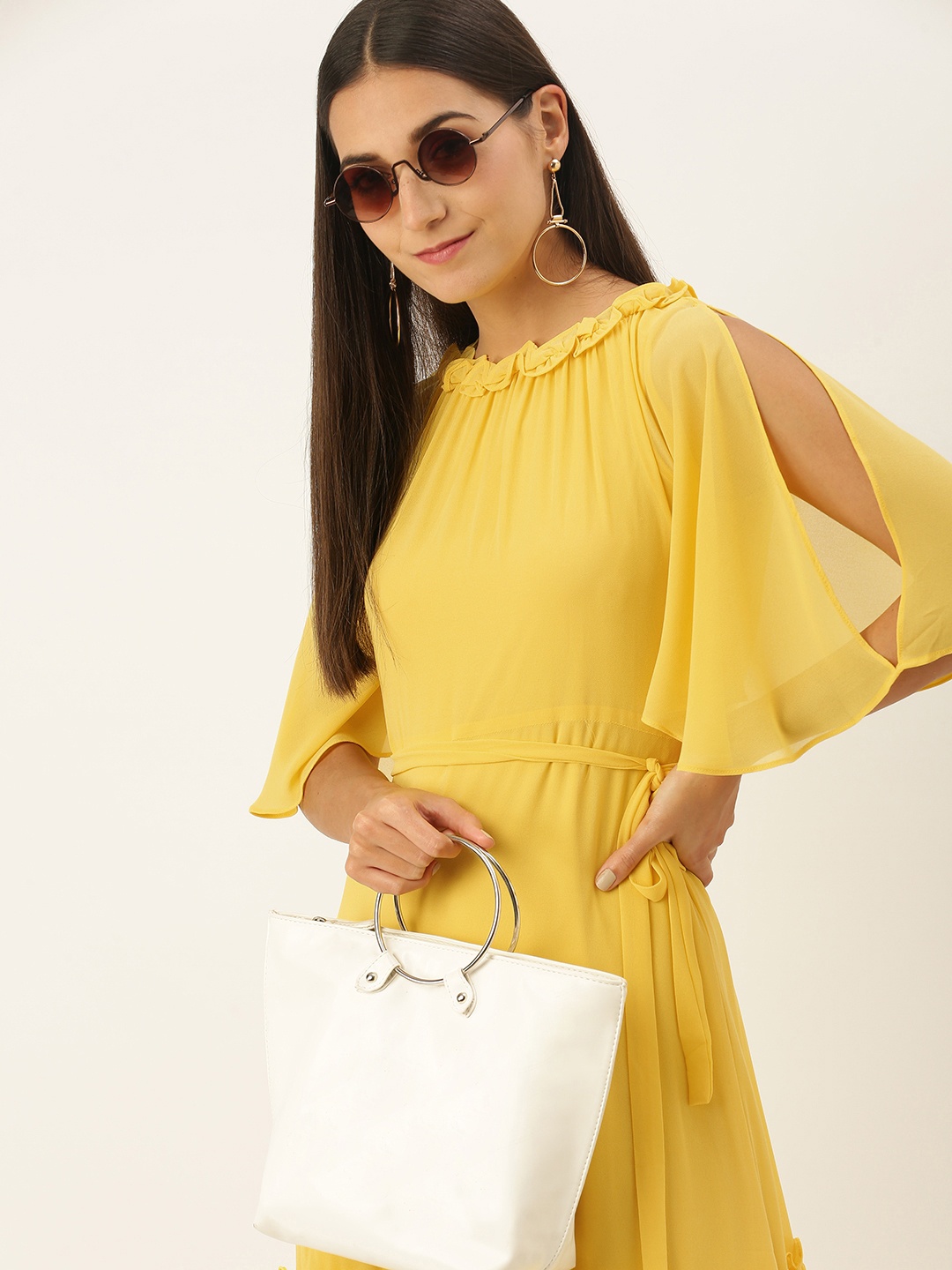 

AND Women Yellow Solid Slit Sleeves Fit and Flare Dress