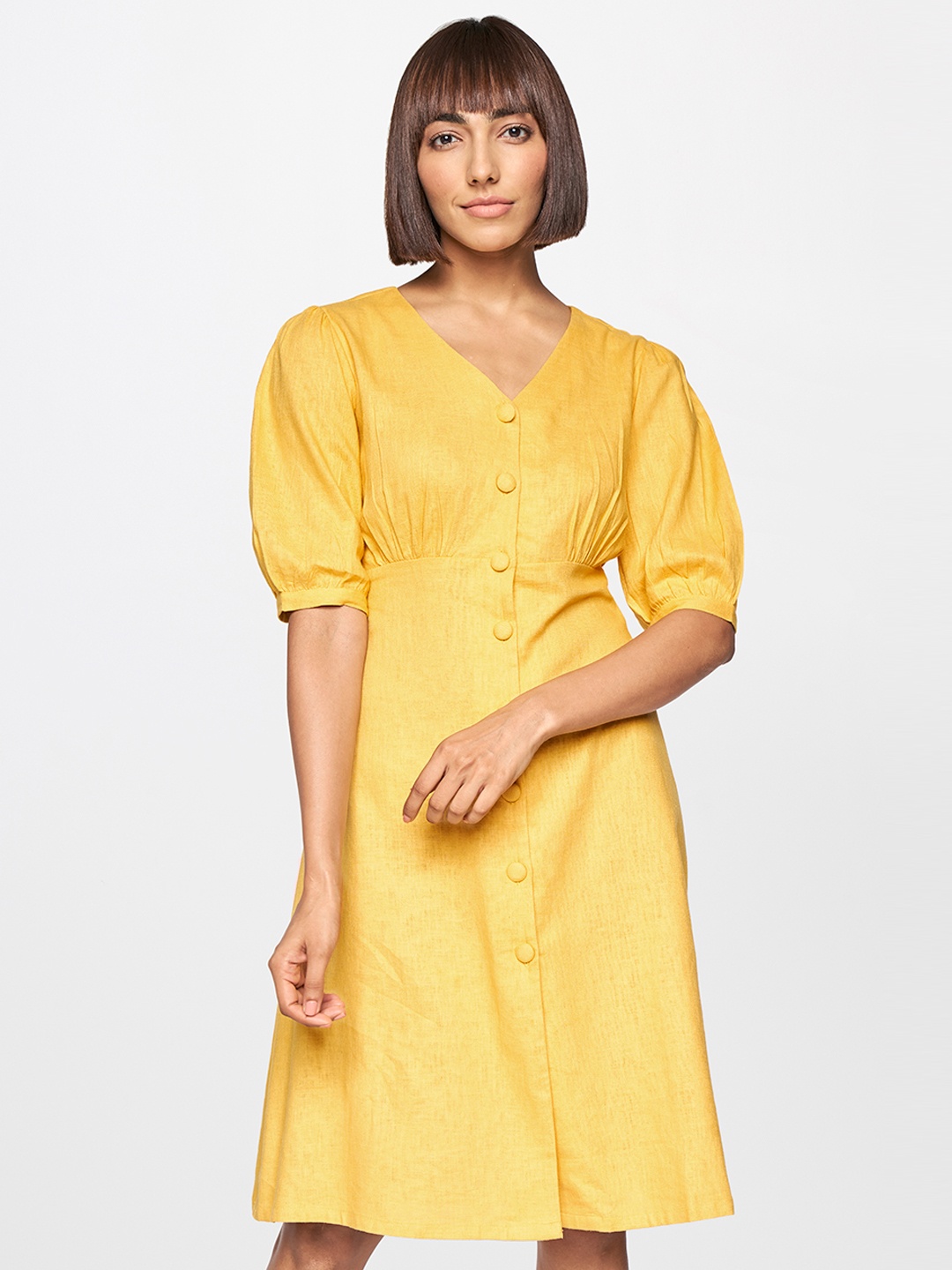 

AND Women Yellow Solid Linen A-Line Dress