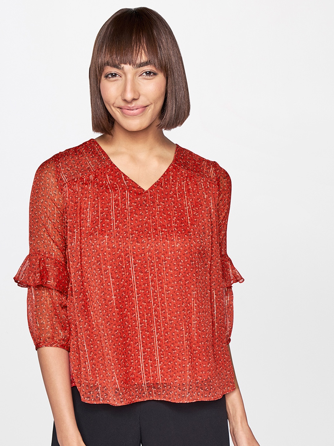 

AND Red Floral Printed Bell Sleeved Top