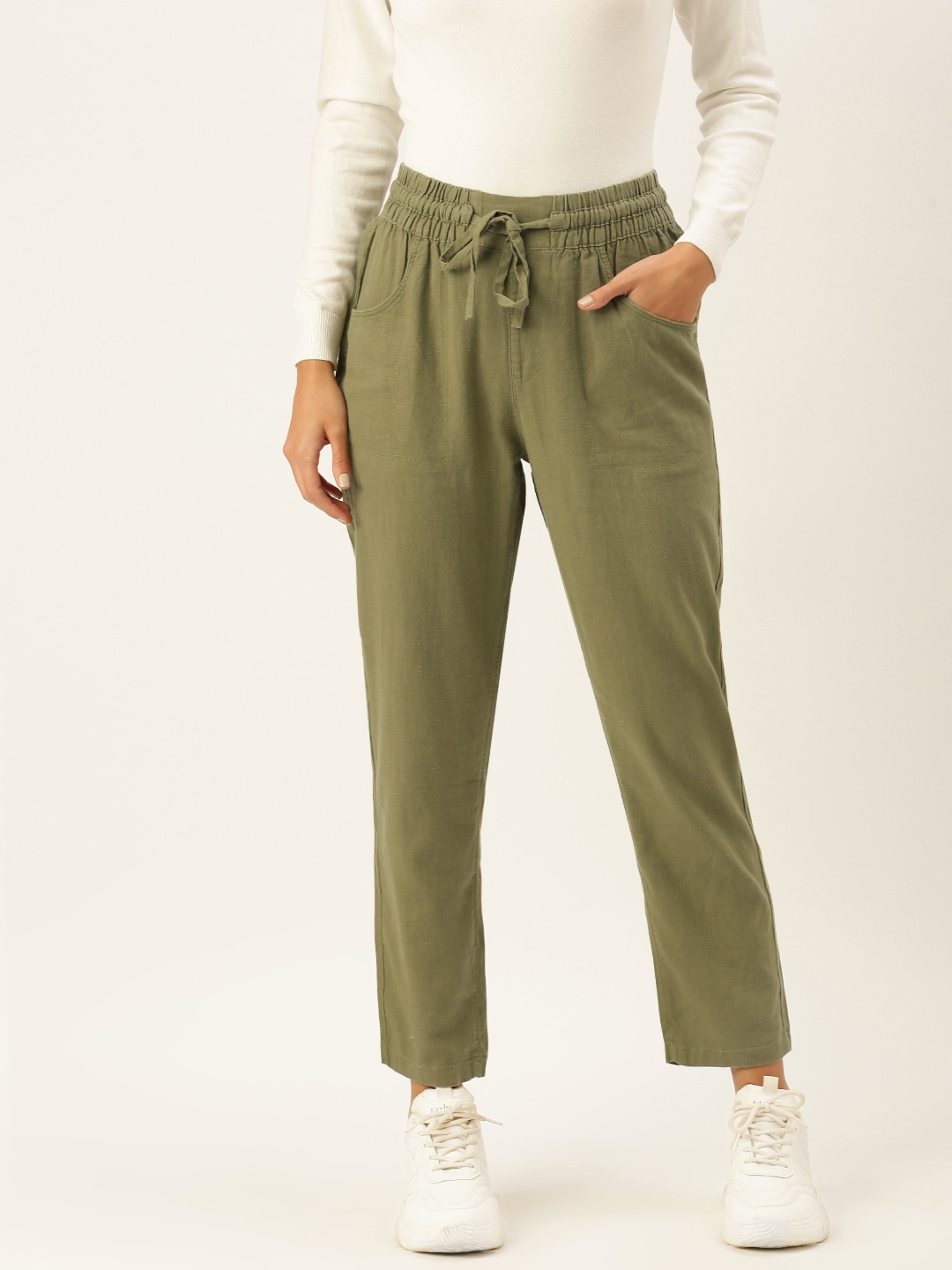 

AND Women Olive Green Tapered Fit Trousers