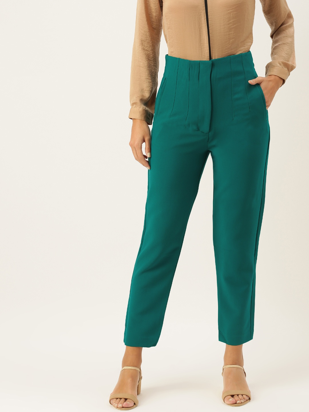 

AND Women Green Tapered Fit Trousers