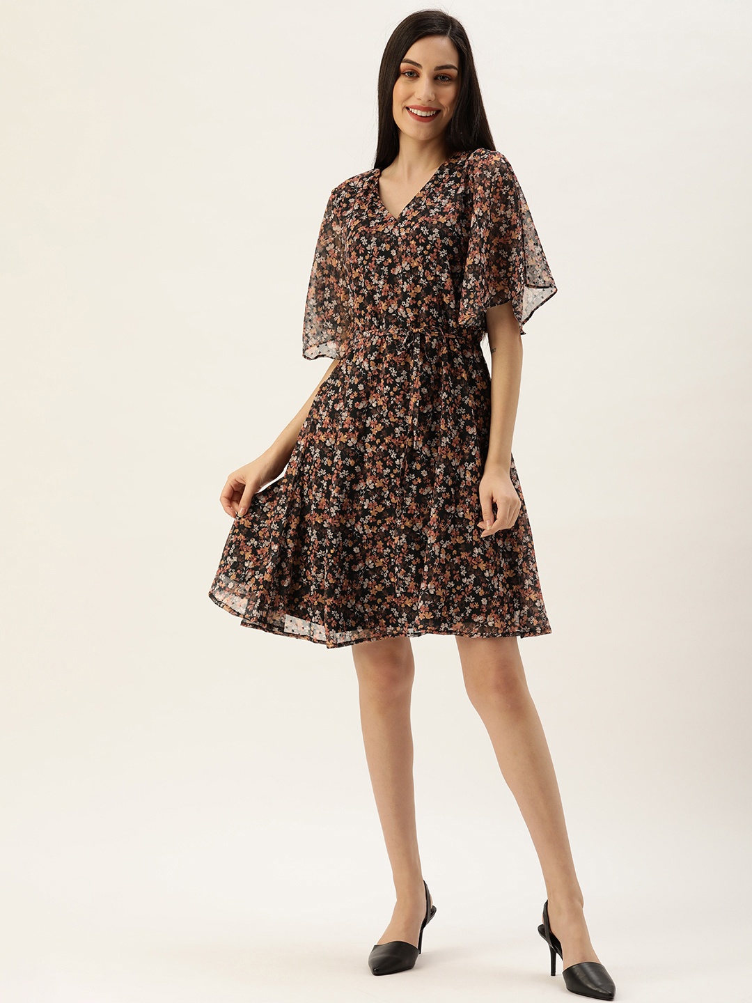 

AND Women Brown Floral Printed V-Neck Fit And Flare Dress