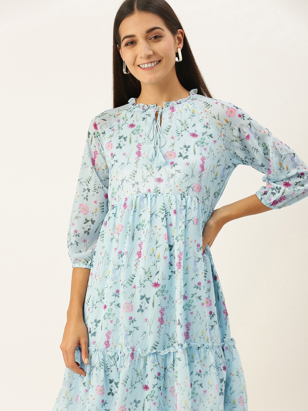 

AND Blue Floral High Neck Sequined Puff Sleeves Fit and Flare Dress
