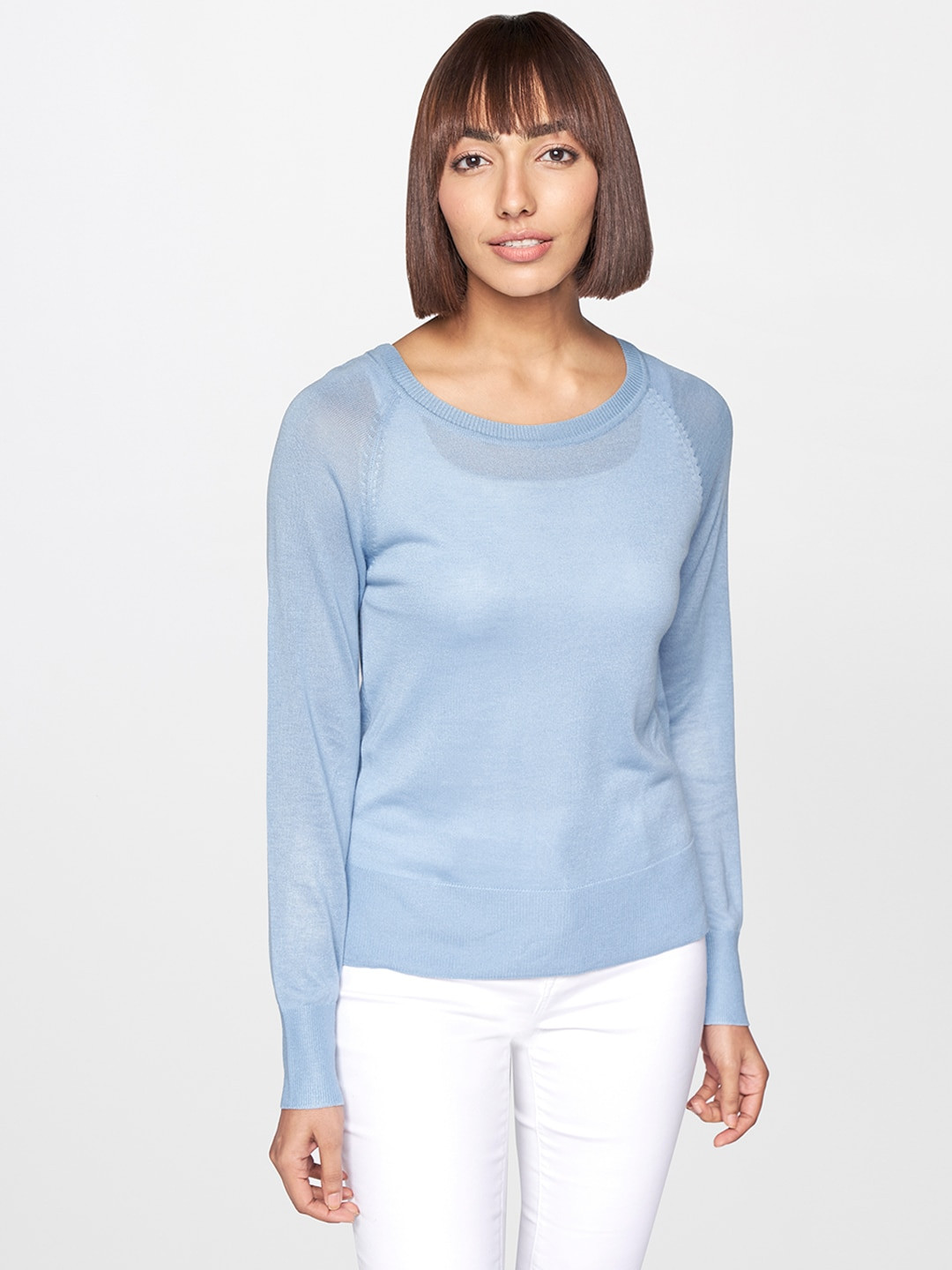 

AND Blue Solid Knitted Raglan Sleeve Top