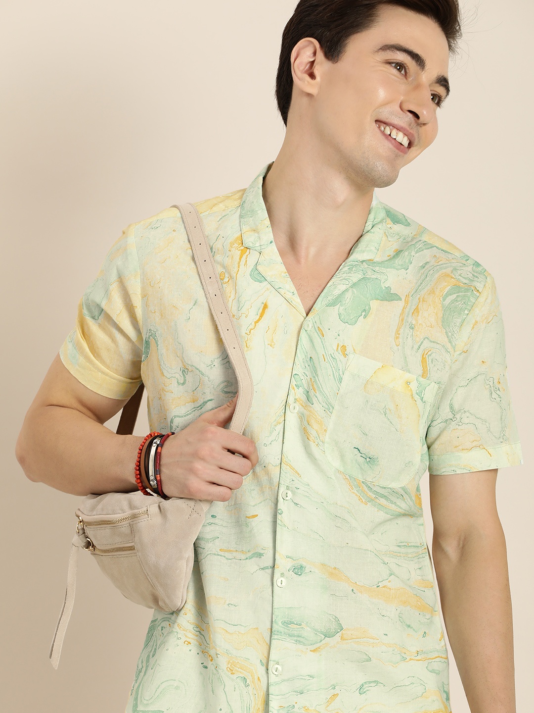 

Taavi Men Green & Yellow Handblock Printed Casual Shirt