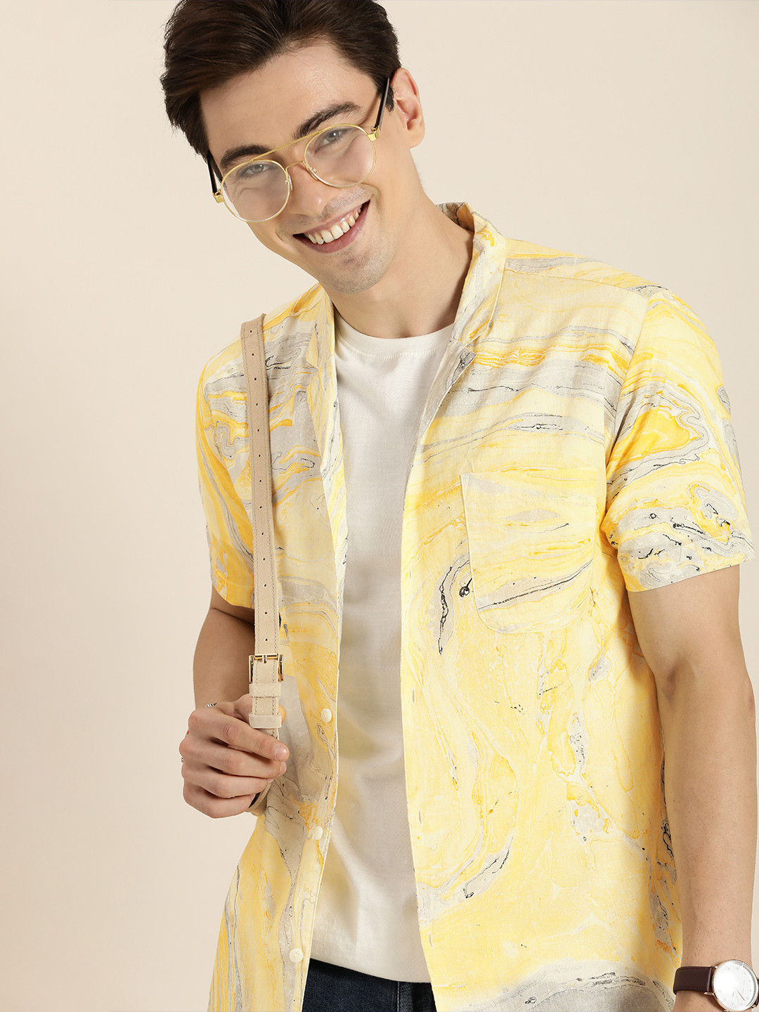

Taavi Men Yellow & Grey Handblock Printed Casual Shirt