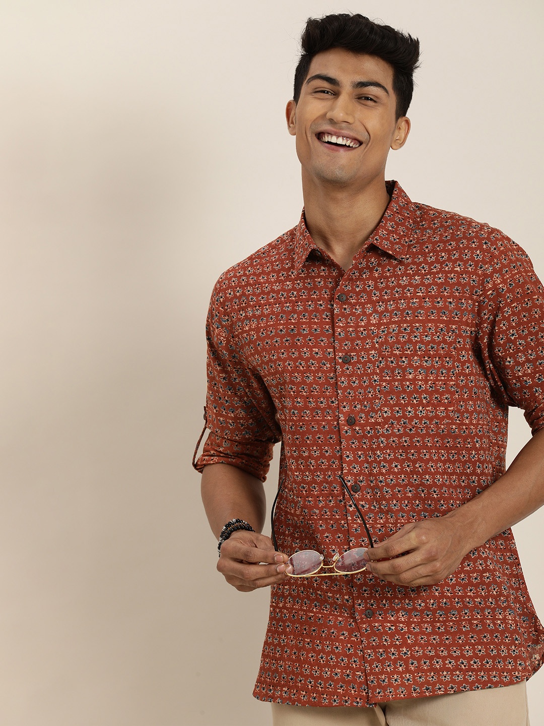 

Taavi Men Red Ajrakh Hand Block Printed Shirt with Roll-Up Sleeves