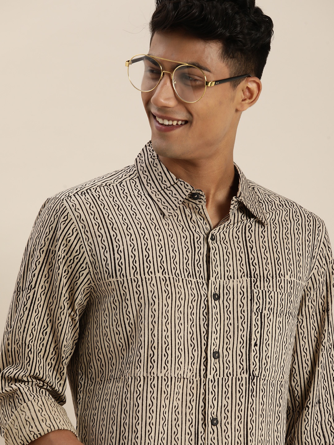 

Taavi Men Beige Bagru Hand Block Print Casual Sustainable Shirt