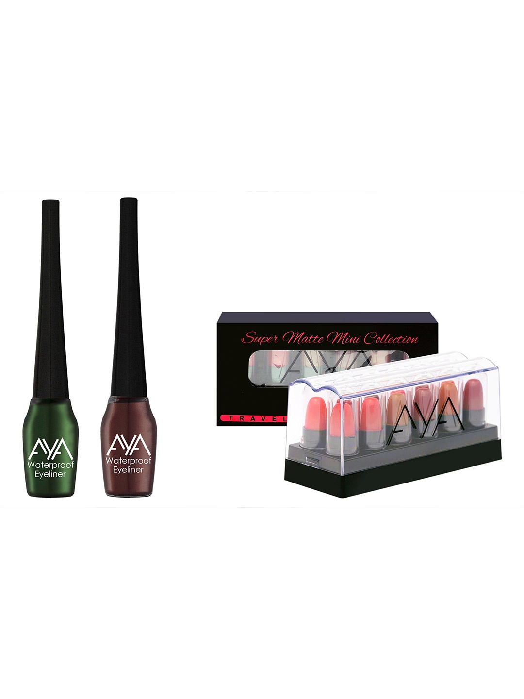 

AYA Set of 2 Waterproof Liquid Eyeliner & Set of 12 Super Matte Mini Lipstick, Green