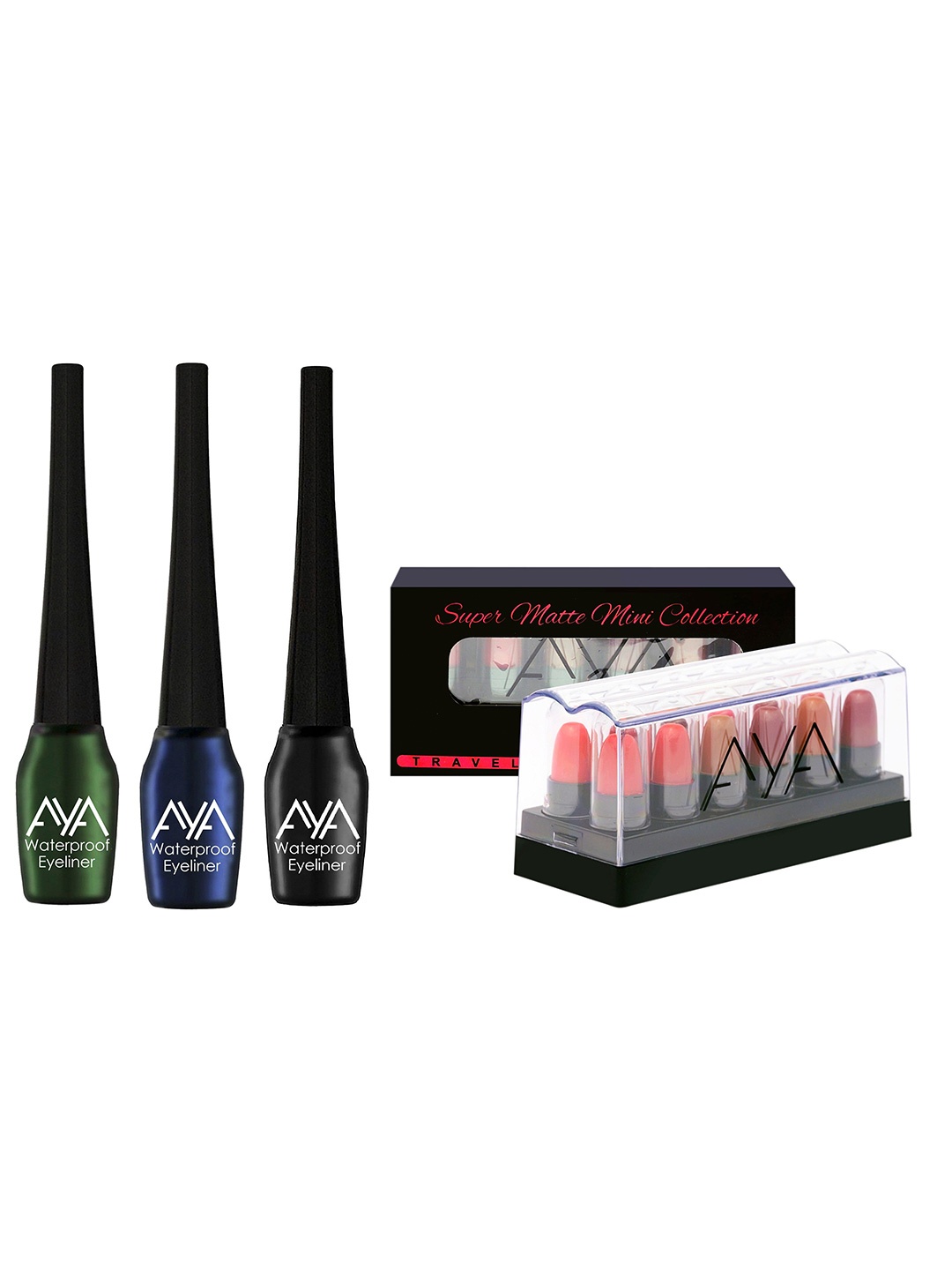 

AYA Set of 3 Waterproof Liquid Eyeliner & Set of 12 Super Matte Mini Lipstick Combo, Black