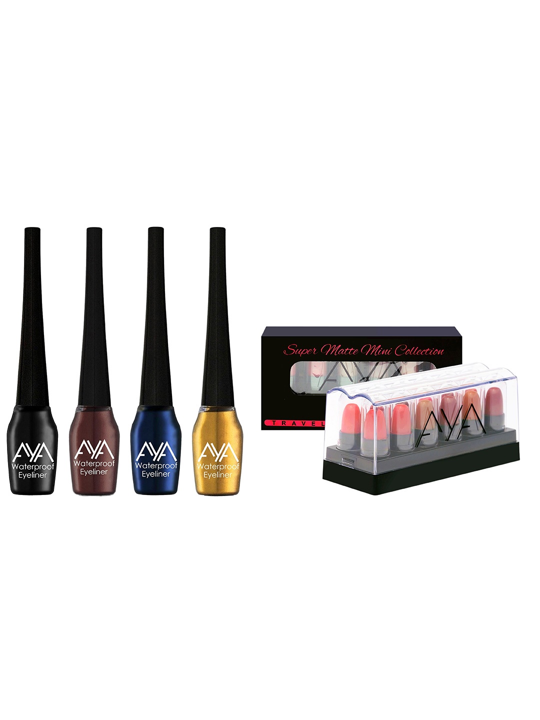 

AYA Set of 4 Waterproof Liquid Eyeliner & Set of 12 Super Matte Mini Lipstick Combo, Multi