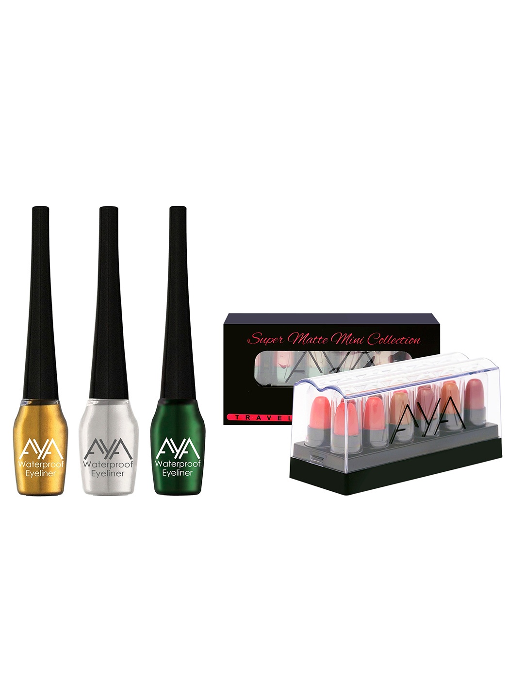 

AYA Set of 3 Waterproof Eyeliner & 12 Super Matte Mini Lipsticks, Gold