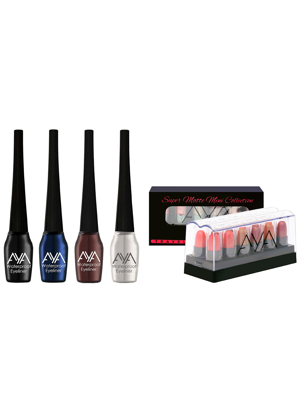 

AYA Set of 4 Waterproof Liquid Eyeliner & Set of 12 Super Matte Mini Lipstick Combo, Black