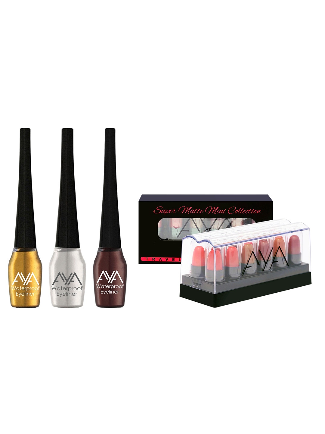 

AYA Set of 3 Waterproof Liquid Eyeliner & Set of 12 Super Matte Mini Lipstick, Multi