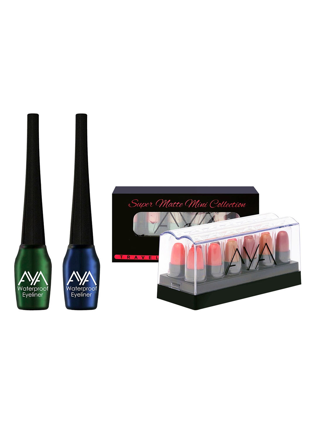

AYA Set of 2 Waterproof Liquid Eyeliner + Set of 12 Super Matte Mini Lipstick, Green