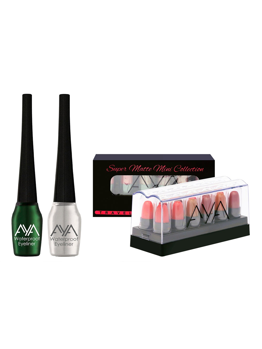 

AYA Set of 2 Waterproof Eyeliner & Set of 12 Mini Super Matte Lipstick - Silver & Green
