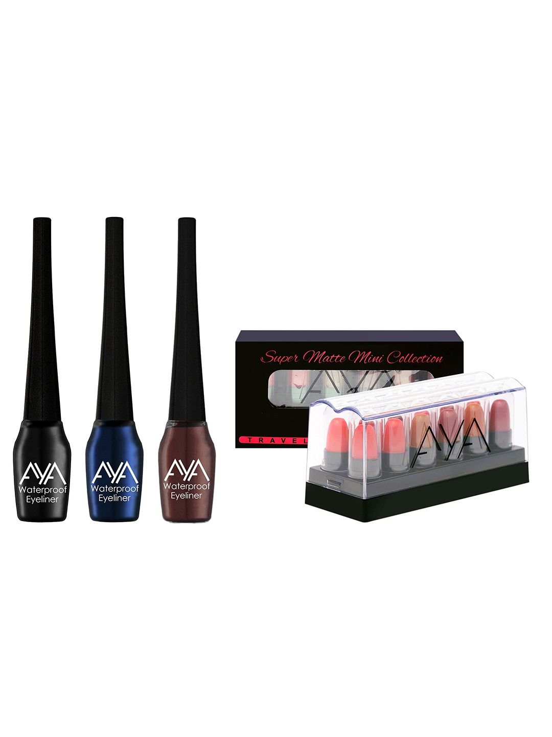 

AYA Set of 3 Waterproof Eyeliner & Set of 12 Mini Super Matte Lipstick, Black