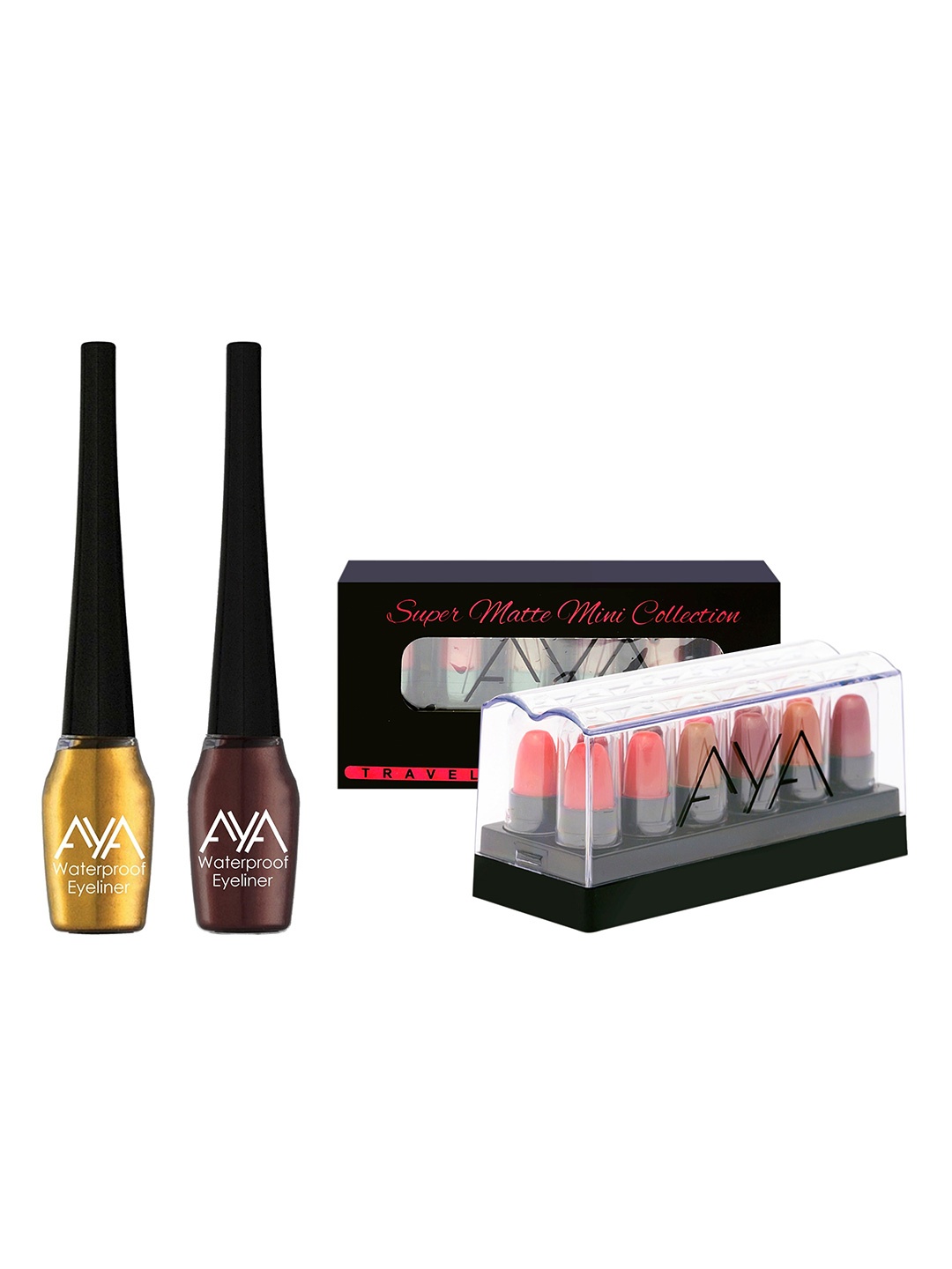 

AYA Set of 2 Waterproof Eyeliner & Set of 12 Mini Super Matte Lipstick - Gold & Brown