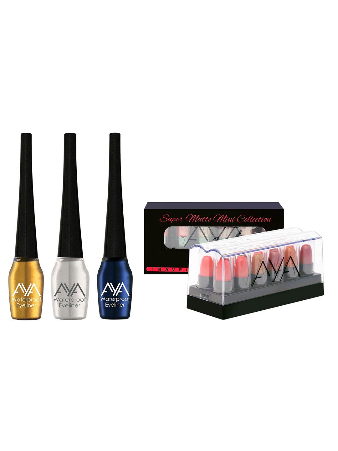 

AYA Set of 3 Waterproof Liquid Eyeliner & Set of 12 Mini Super Matte Lipstick, Gold