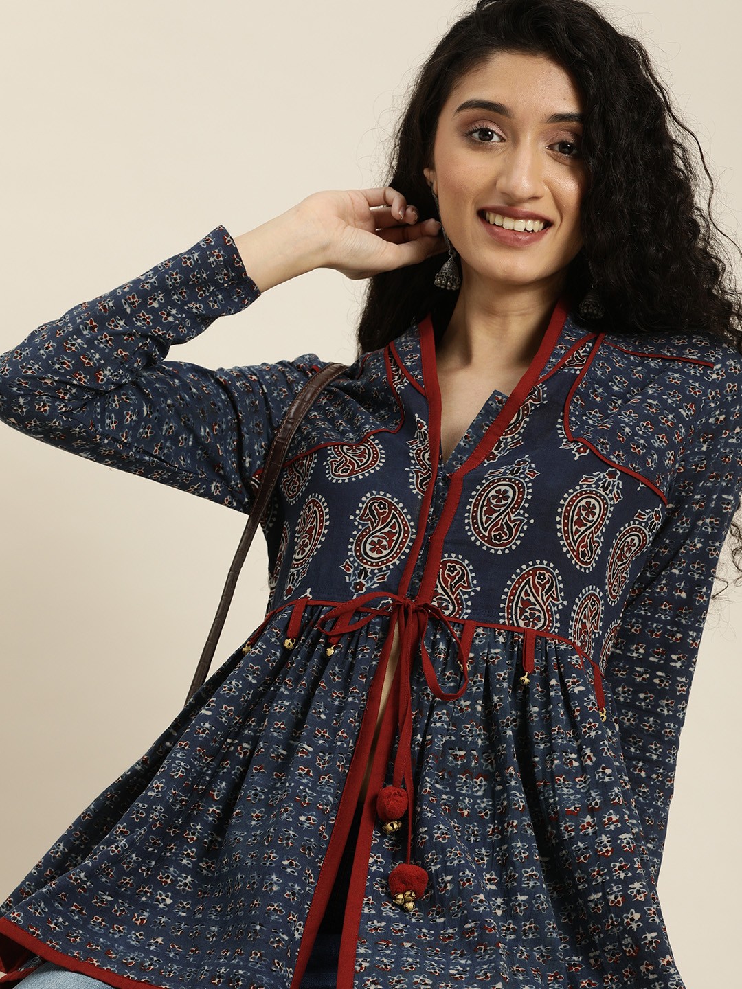 

Taavi Blue & White Ajrakh Hand Block Print Sustainable Long Sleeves Peplum Top