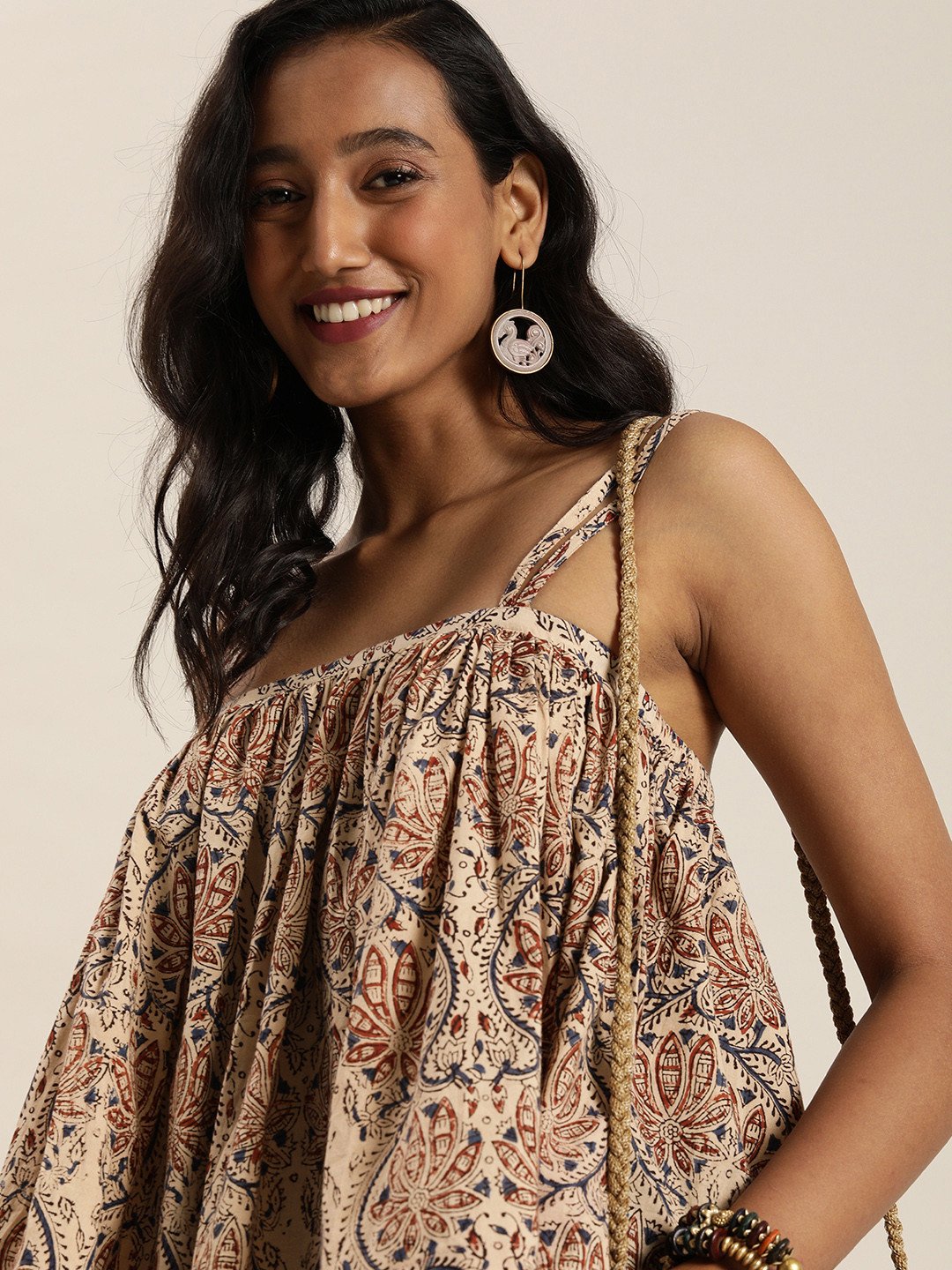 

Taavi Women Beige & Red Bagru Block Print Shoulder Strap Sustainable Pure Cotton Top