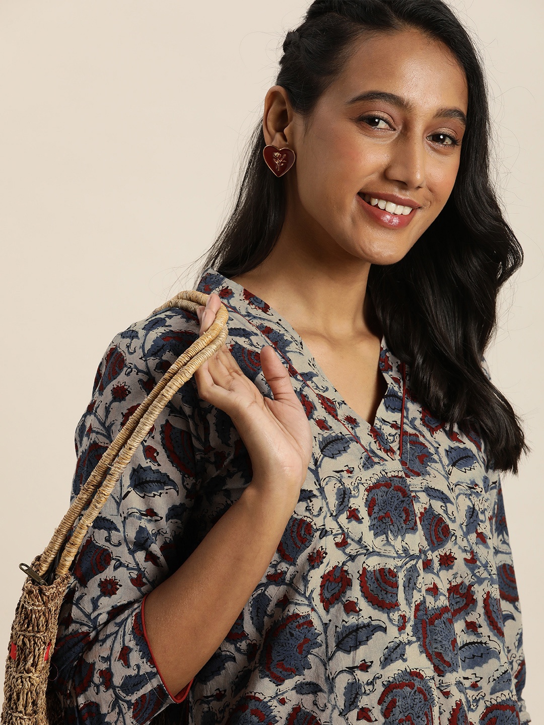 

Taavi Women Off White & Rust Pure Cotton Ajrakh Handblock Printed Top