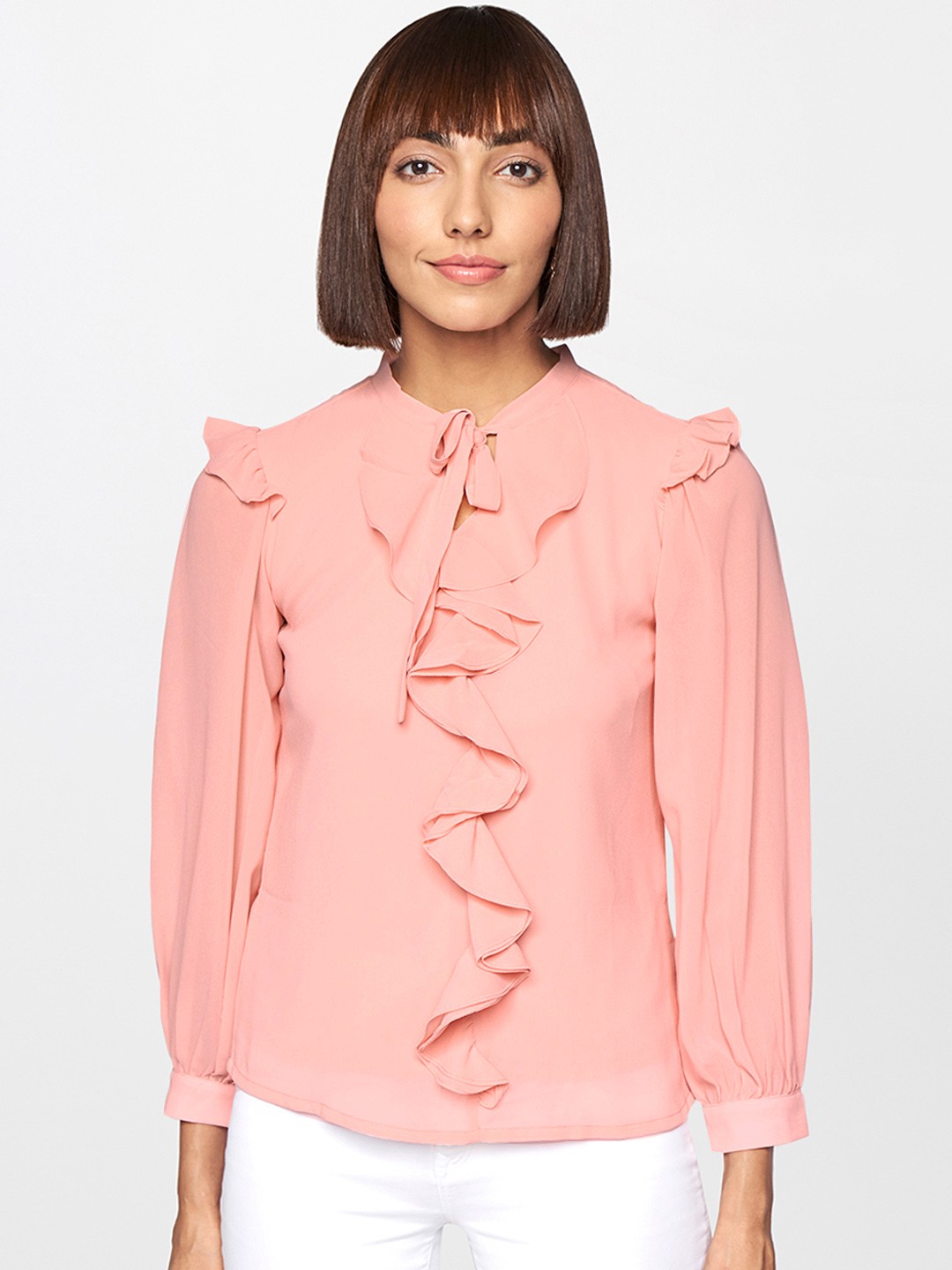 

AND Peach-Coloured Solid Tie-Up Neck Ruffled Top