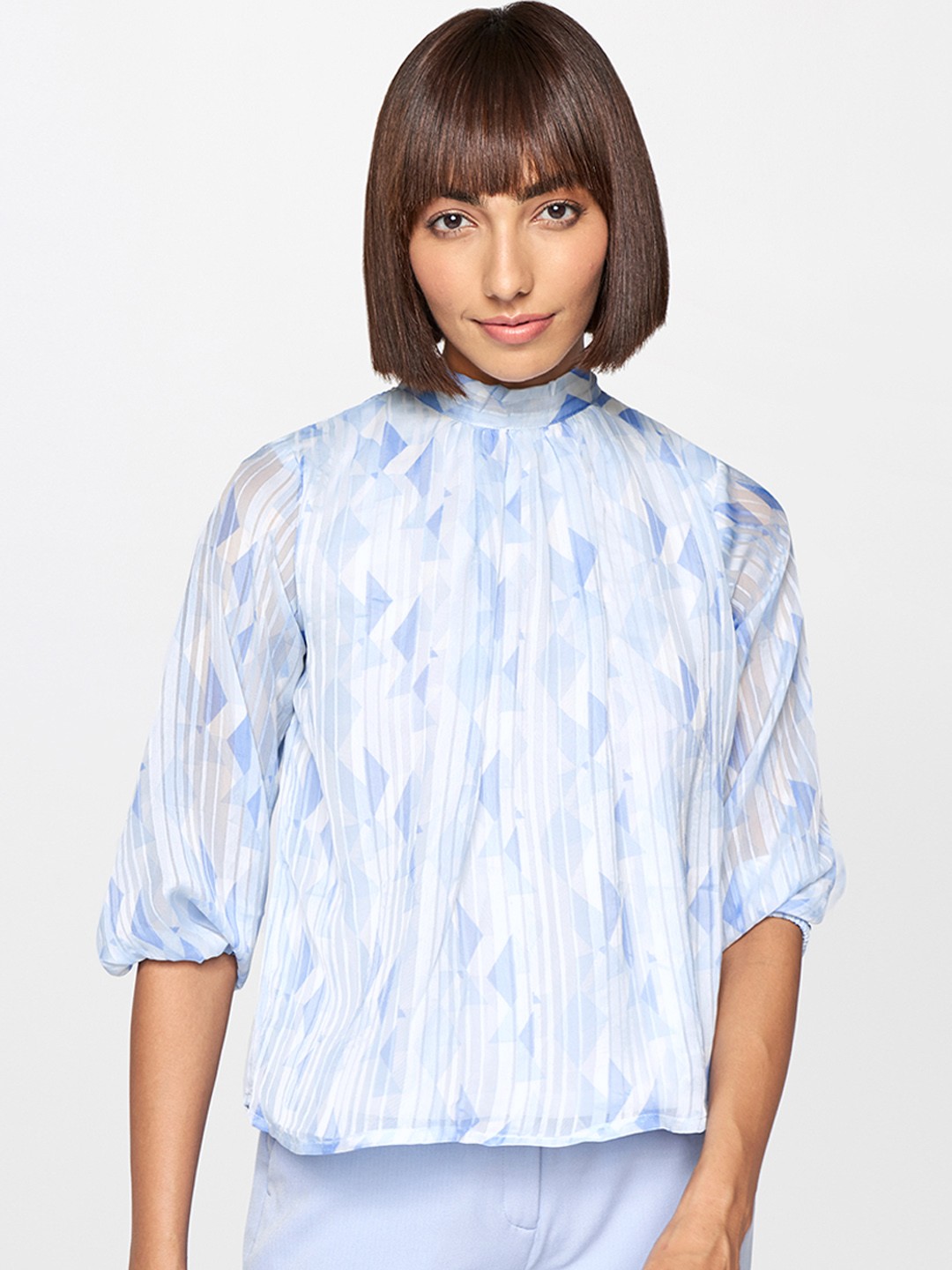 

AND Women White & Blue Geometric Print Pleated High Neck Top