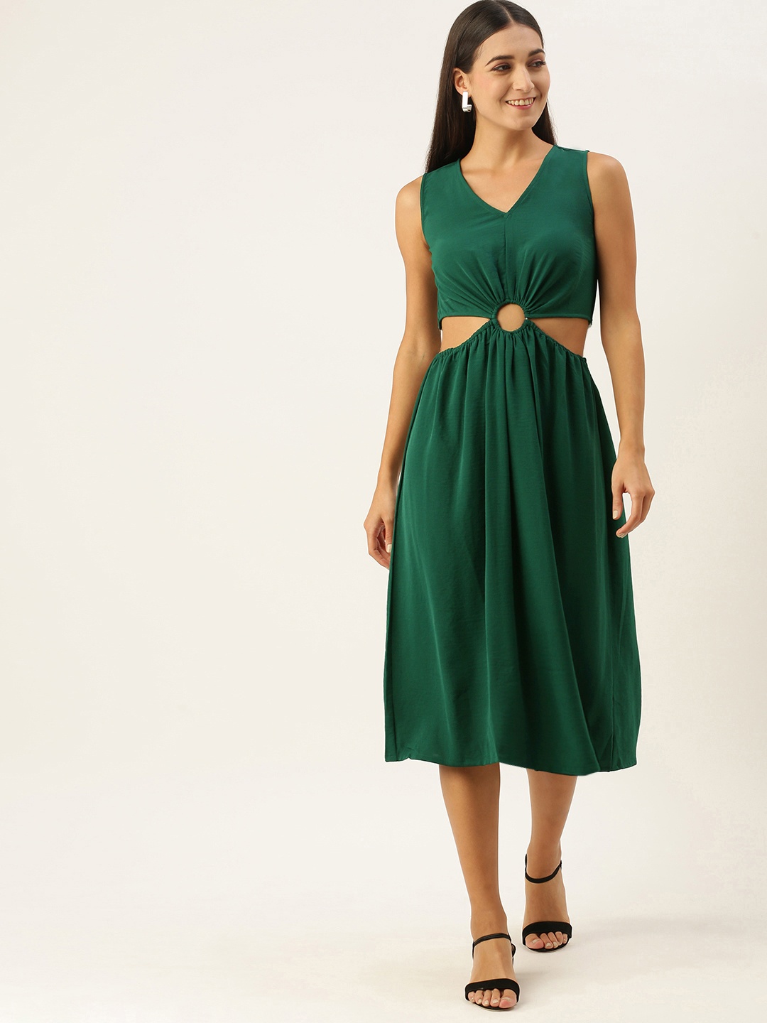 

AND Women Green Solid Midi A-Line Dress