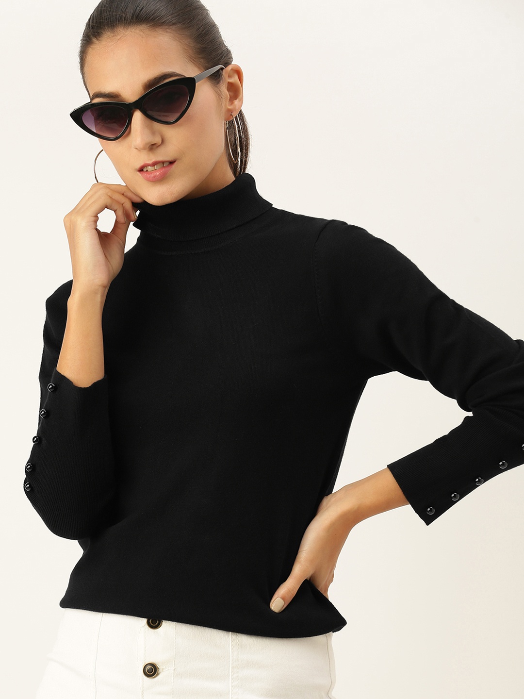 

AND Women Solid Black High Neck Regular Top