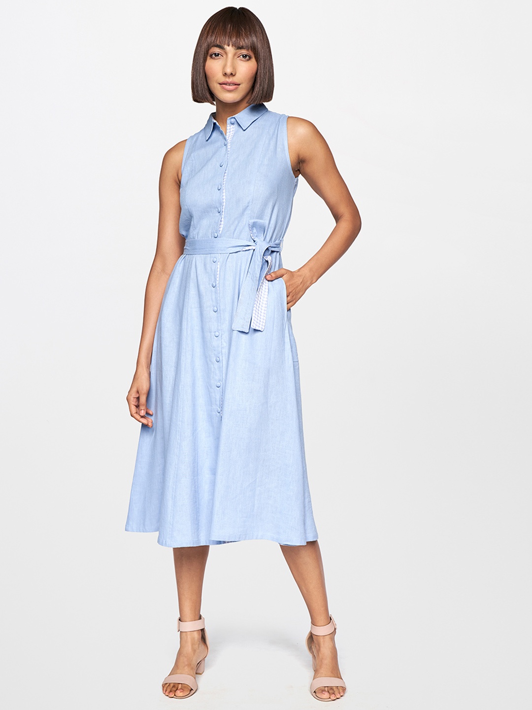 

AND Women Blue Solid Linen Sleeveless Formal Shirt Midi Dress