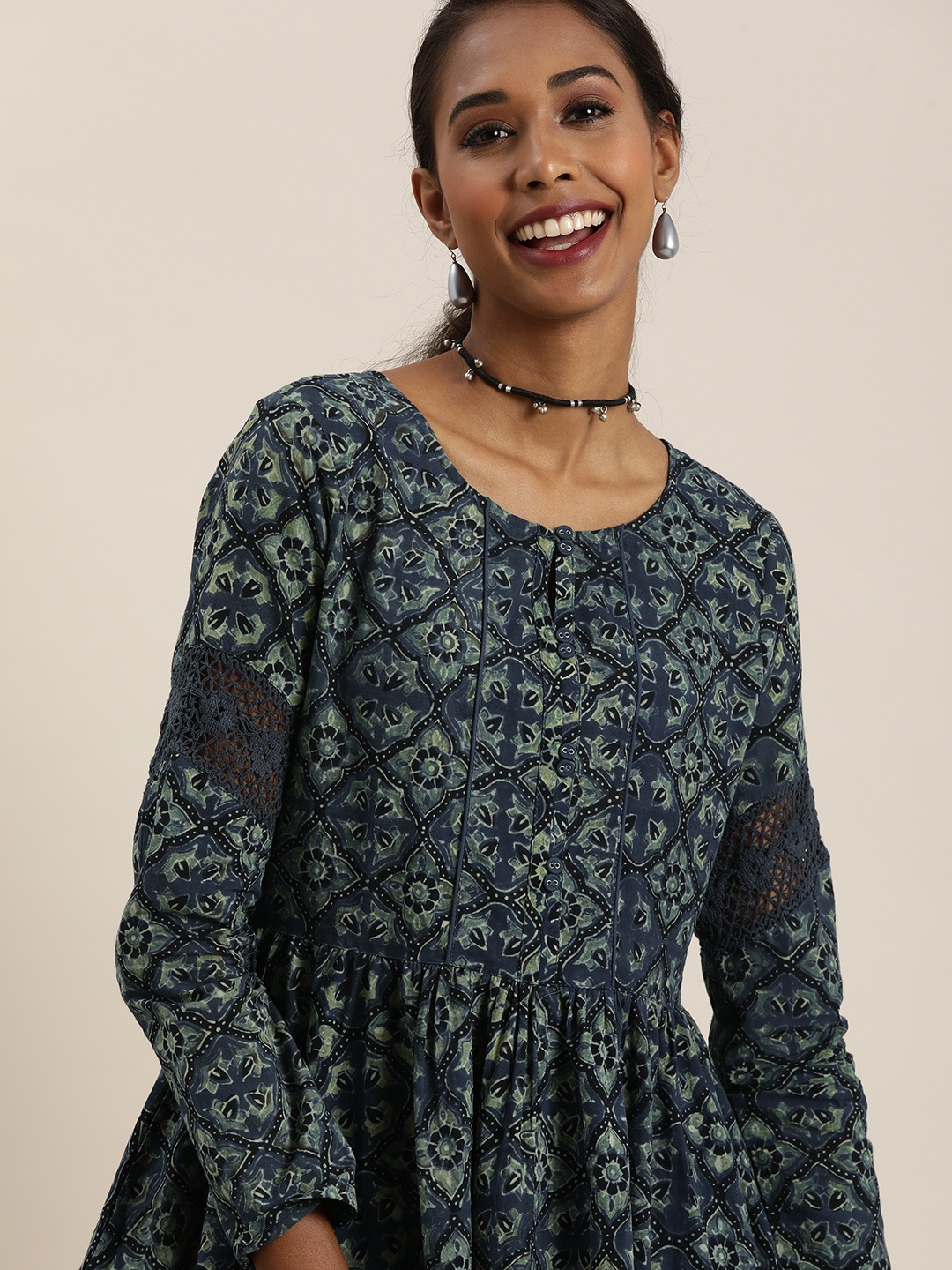 

Taavi Women Blue & Green Ajrakh Hand Block Print Sustainable Tunic with Gathers