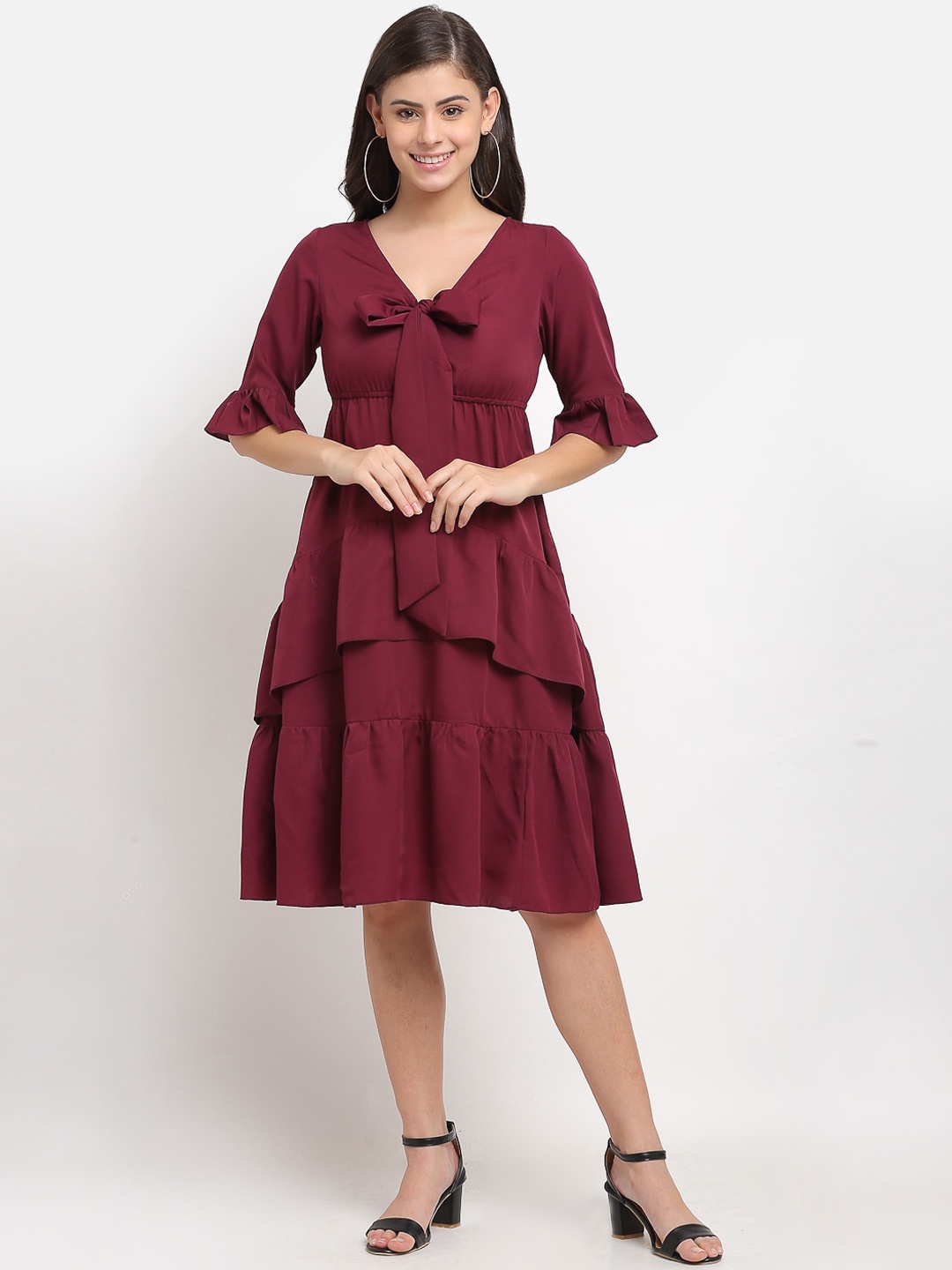 

Karmic Vision Women Maroon Tie-Up Neck Crepe Empire Dress