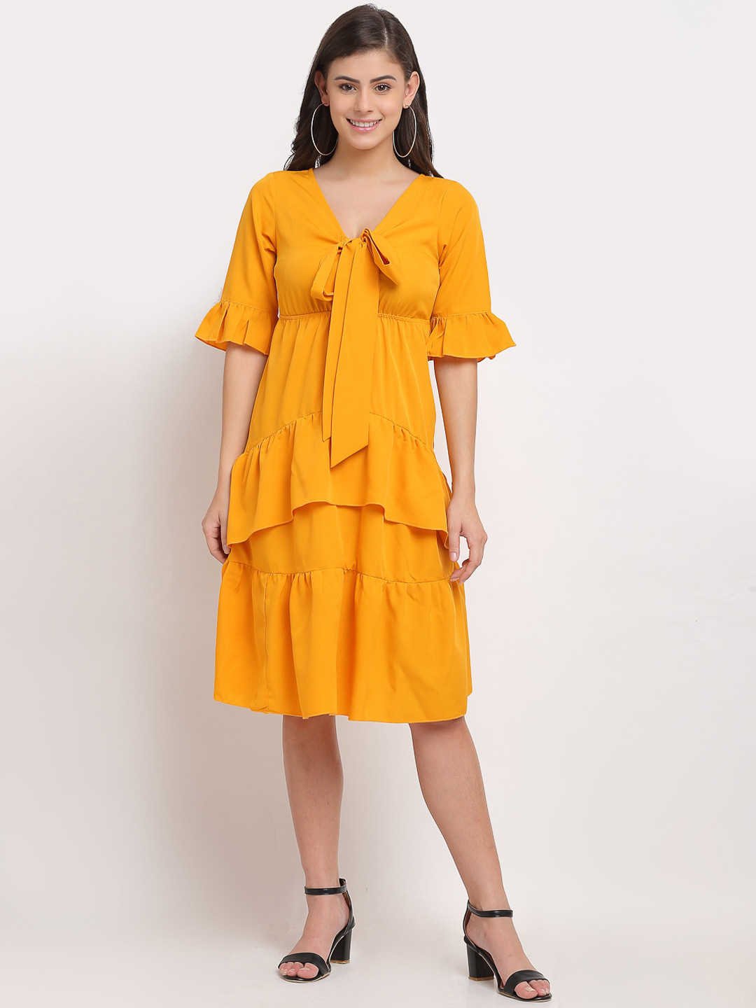 

Karmic Vision Women Yellow Tie-Up Neck Crepe Empire Dress