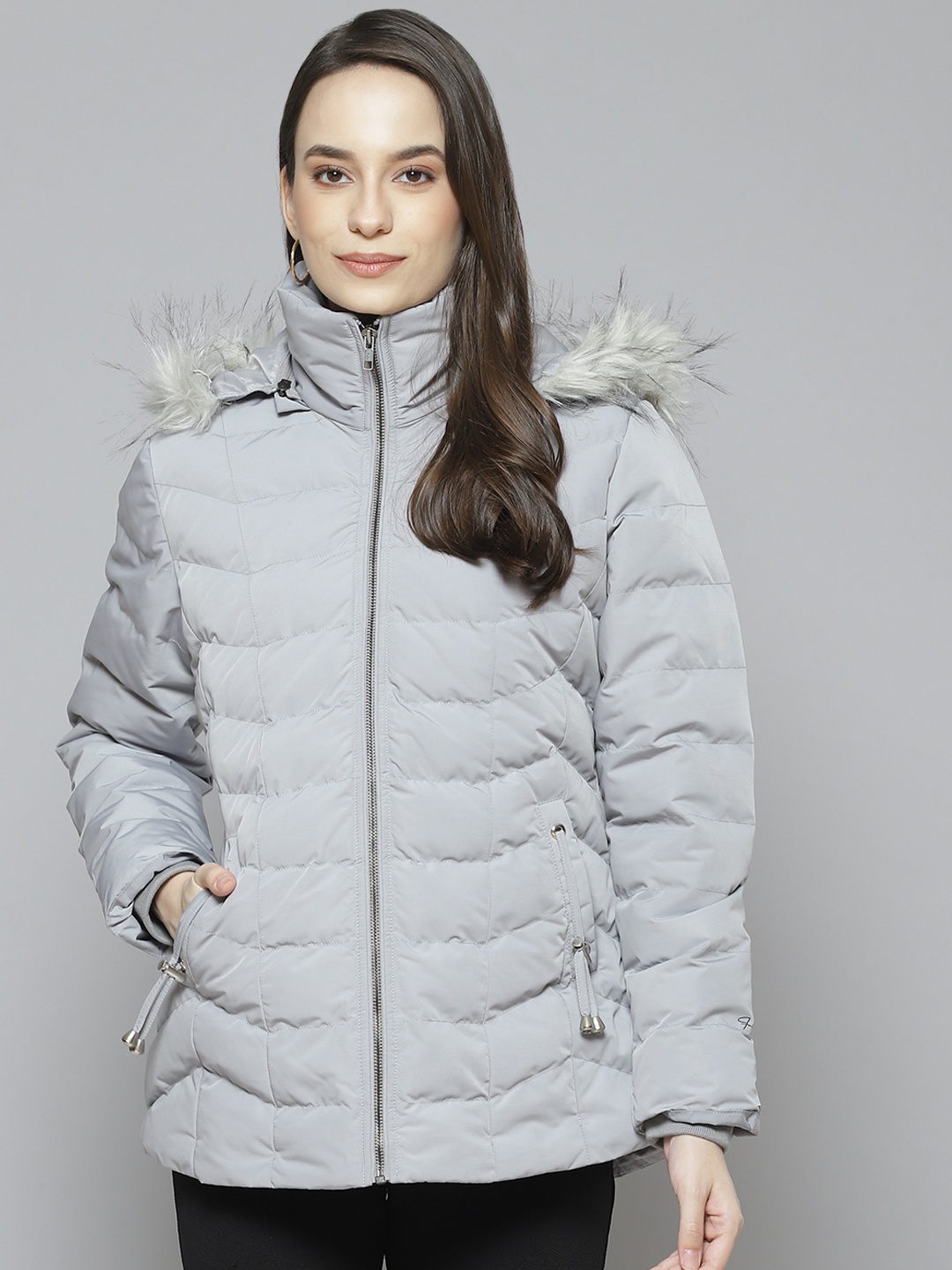 

Fort Collins Women Grey Solid Parka Jacket with Detachable Hood