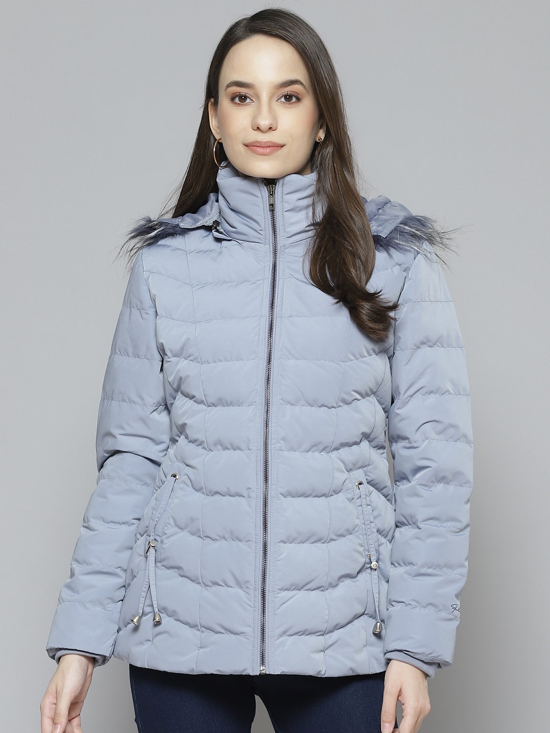 

Fort Collins Women Blue Solid Parka Jacket with Detachable Hood