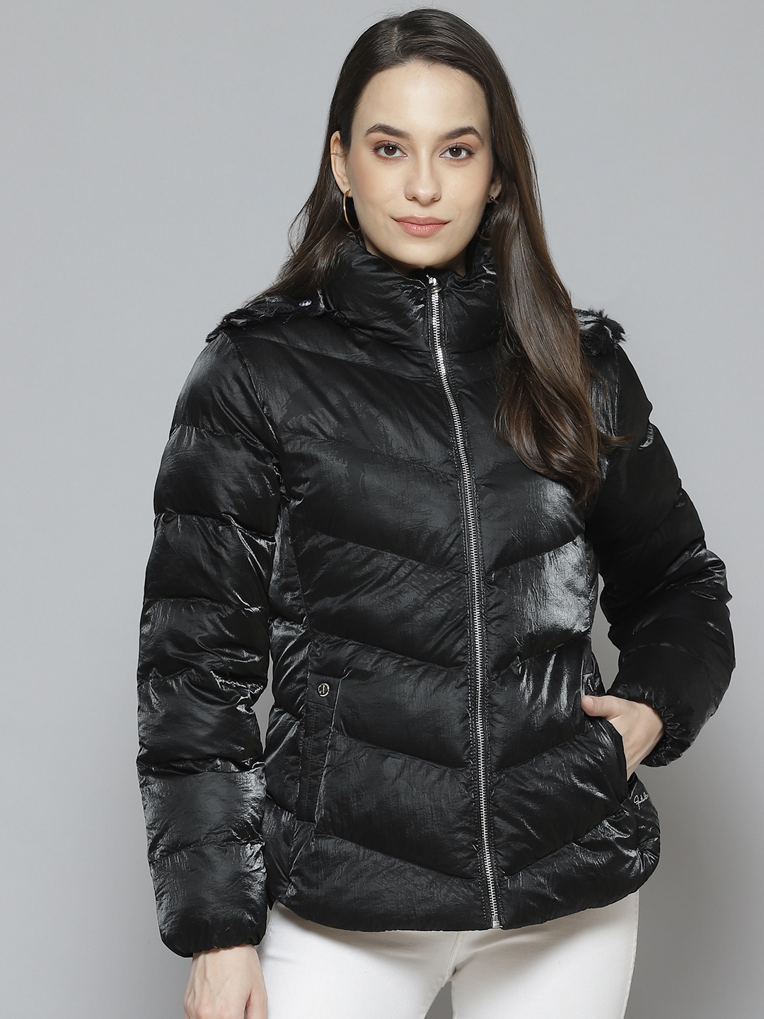 

Fort Collins Women Black Solid Parka Jacket with Detachable Hood