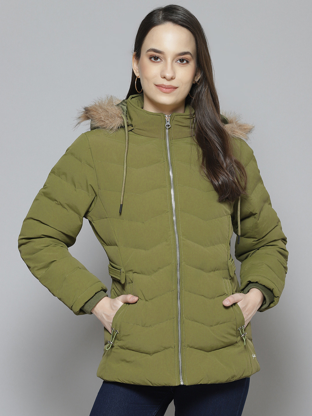 

Fort Collins Women Olive Green Solid Parka Detachable Hood Jacket